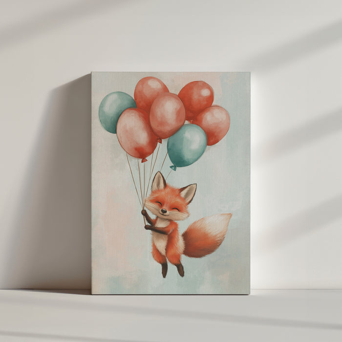 Cute little fox floating with seven red and mint balloons, eyes closed, paws clutching strings; pastel blue and beige background, watercolor nursery print