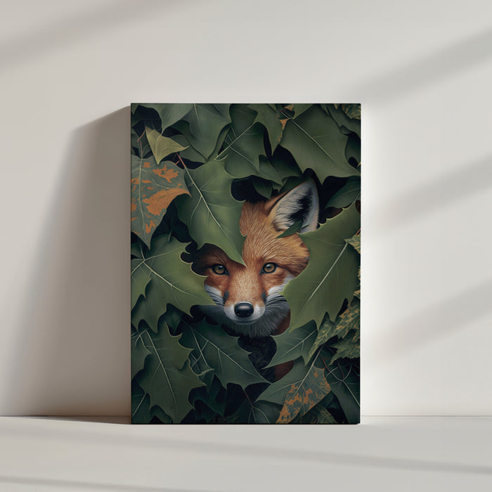 Playful fox camouflaged among leaves, nature photography