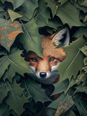 photograph of a sly fox concealed in foliage.