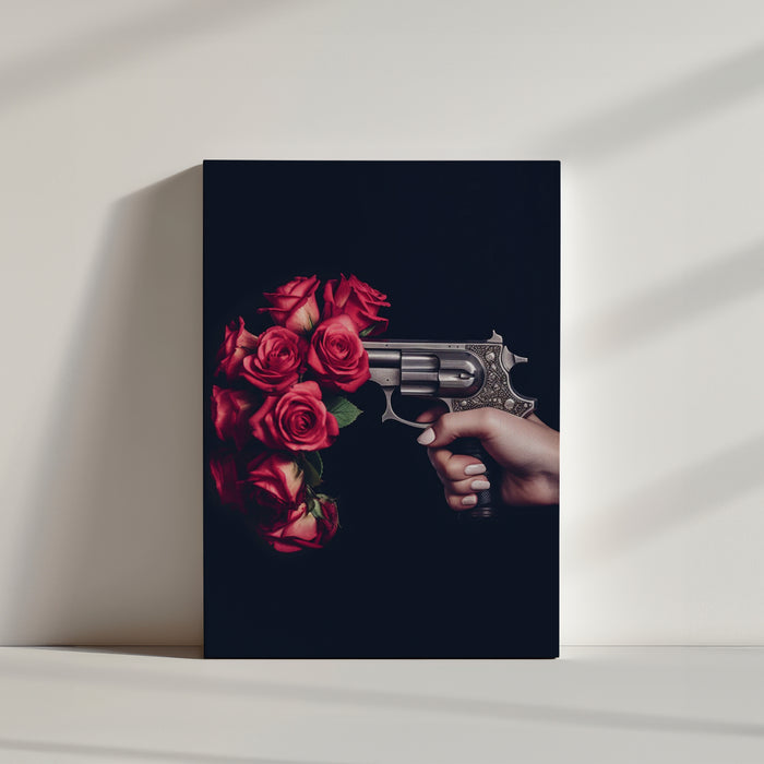 Tableau Revolver : une main surgit du noir, presse la gâchette d'un pistolet d'où s'échappent non des balles, mais des roses éclatantes.