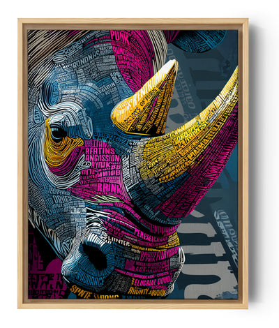 Stylized rhinoceros portrait created with multicolored word art; vibrant yellow, pink, blue, and purple on a dark background, bold graphic style