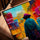 Colorful alley wall art with a street vendor for Scandinavian living room decor