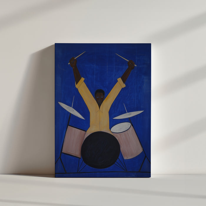 Drummer artwork product view on floor with frame, yellow shirt on electric blue