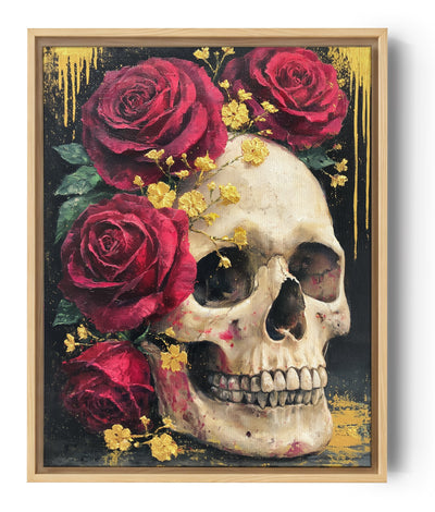 Decoración de pared: cuadro calavera con rosas rojas, dorado y negro, estilo barroco moderno para salón
