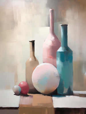 Decorative painting canvas, pale colors, vases, abstract design.