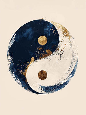 llustration du symbole yin-yang revisité en style artistique. Le fond est beige uni, et le cercle est divisé en deux moitiés : l’une bleu nuit avec des touches dorées, l’autre blanche éclaboussée de bleu et d’or. Chaque point central est doré, ajoutant une touche élégante et spirituelle. Une composition harmonieuse entre équilibre, contraste et modernité.