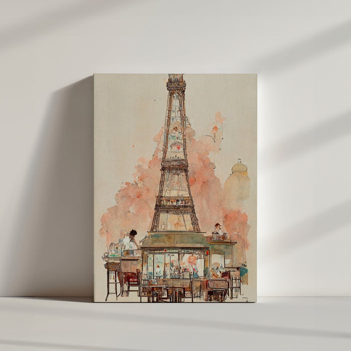 Tableau salon d'une terrasse de café vivante au pied de la Tour Eiffel de Paris. Les couleurs pastel et la technique de l'aquarelle ajoutent une touche de magie à l'atmosphère déjà romantique de la scène. Ce tableau offre une vision idyllique et édulcorée de Paris