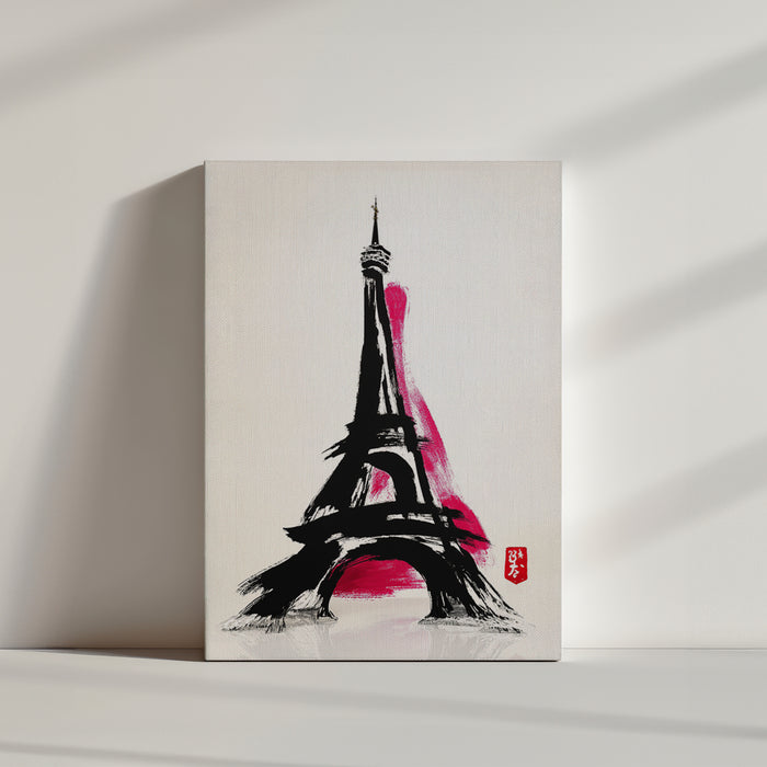 Minimalist Eiffel Tower canvas, black brushstroke with fuchsia accent in a clean interior