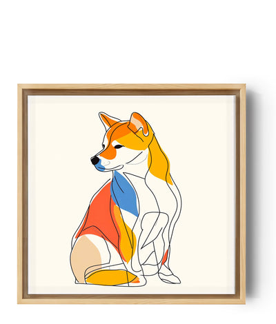 Ein farbiges Wandbild eines Shiba Inu im Line-Art-Stil.