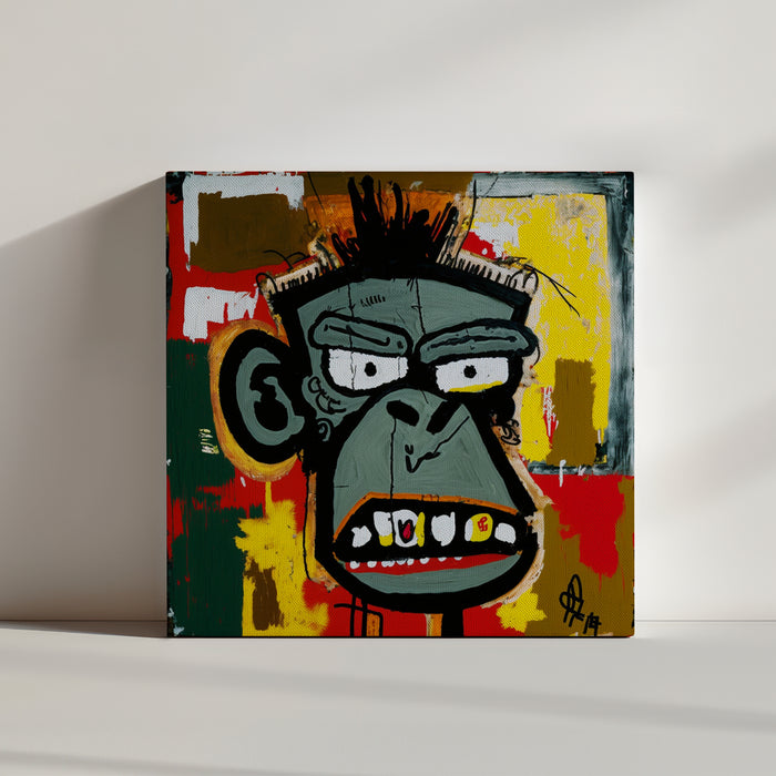 Colorful, expressive graffiti-style monkey portrait with yellow, red, and green paint splashes; humor and rebellion on a raw, textured background