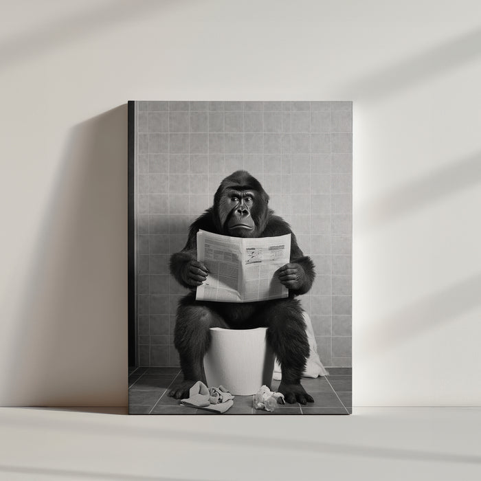 Quirky bathroom decor: monkey on toilet reading newspaper poster