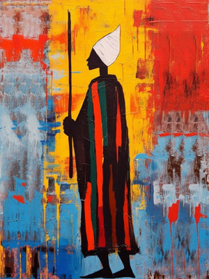 Beautiful faceless African Sufi painting, reminiscent of Jean-Michel Basquiat, oil painting with bright solid colors.