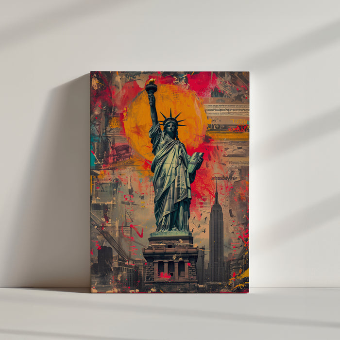 toile statue de la liberté, tâches de peintures, style street art, arrière plan ville de New York.