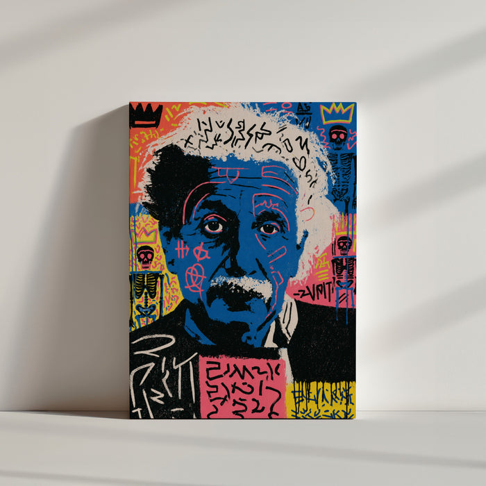 Tableau street art portrait Einstein bleu pop art urbain posé au sol ambiance minimaliste épurée