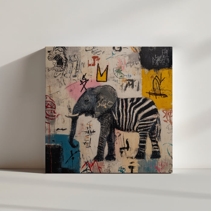 Tableau street art éléphant zèbre couronne graffiti multicolore décoration murale moderne urbaine
