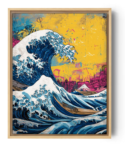Hokusai Die große Welle Street‑Art Leinwand mit Tokyo‑Skyline im Graffiti‑Stil, gelber Hintergrund