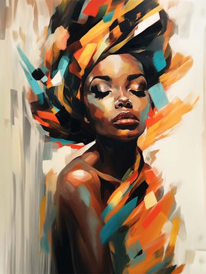 An artistic portrait of an African woman with closed eyes, featuring vibrant colors like orange, blue, and red in her headscarf and around her.