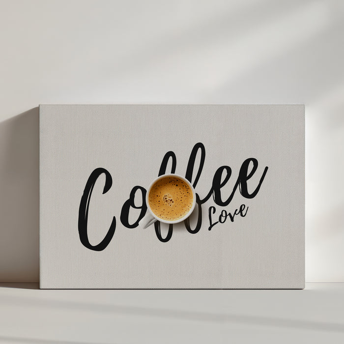 Espresso cup with crema, Coffee Love hand-lettered typography on white background, kitchen wall art print