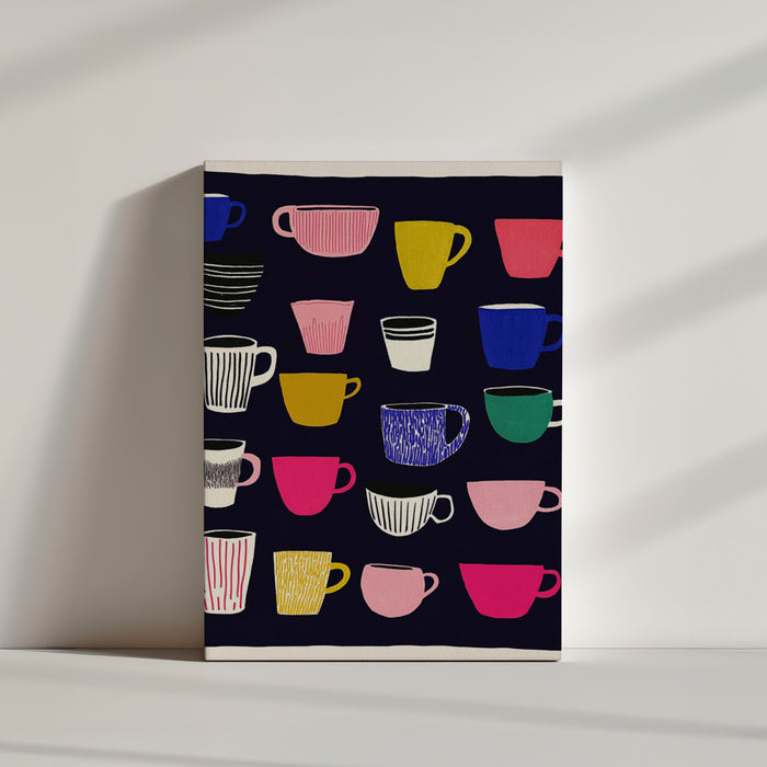 Vibrant kitchen wall art with multicolored coffee mugs in assorted shapes