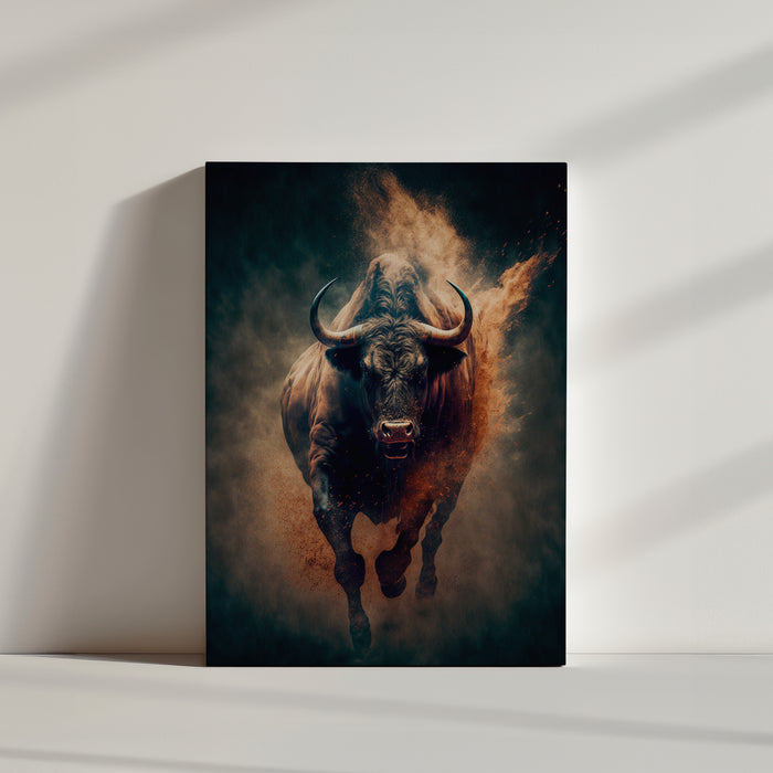 Bull in Motion Canvas Wall Art, captured with intense power in a dramatic artistic style