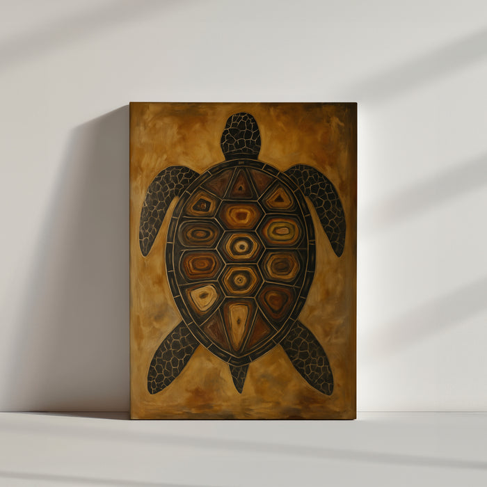 Large tribal turtle wall art in a sunlit hallway with arches, wood console, and greenery, emphasizing its authentic, natural style
