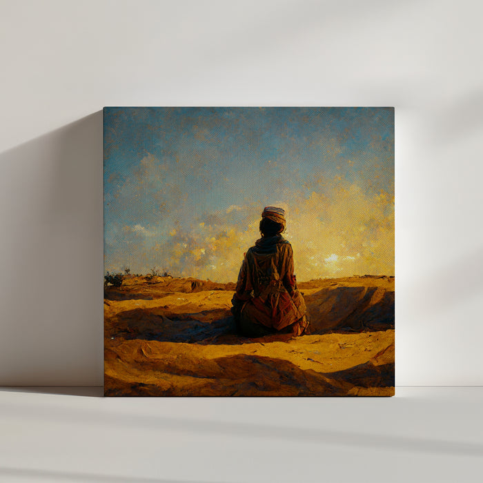 Tableau touareg dans le desert, au cœur du désert un Touareg s'agenouille en contemplant le coucher du soleil. Vêtu d'un takakat et coiffé de son tagelmust, Il admire le ciel doré. Le touareg est à genoux, dans une position ressemblant à celle de la prière, comme pour remercier le tout puissant de cette scène qui s'offre à lui