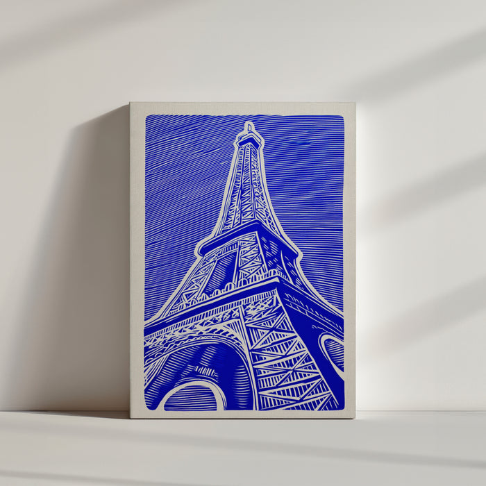 Tableau tour Eiffel bleu électrique lignes blanches graphiques posé au sol ambiance minimaliste