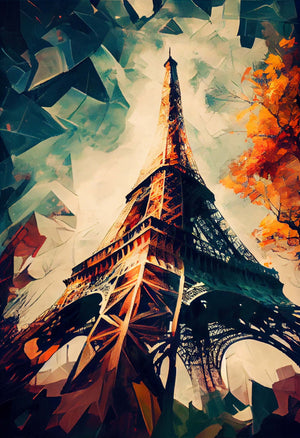 Eiffel Tower painting from below, tricolor sky blue white red