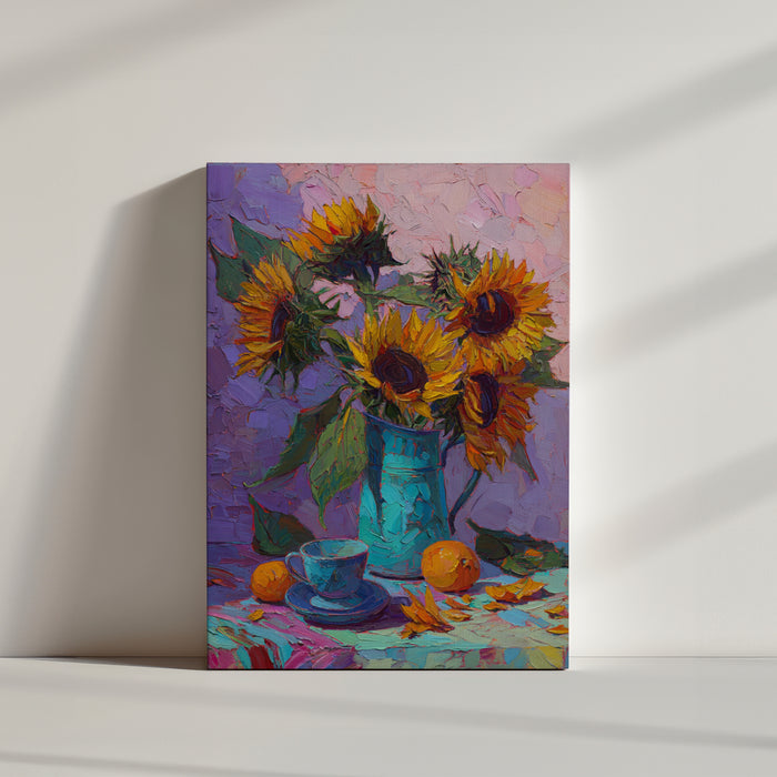 Tableau de tournesols vibrants dans un vase turquoise avec des oranges, style impressionniste