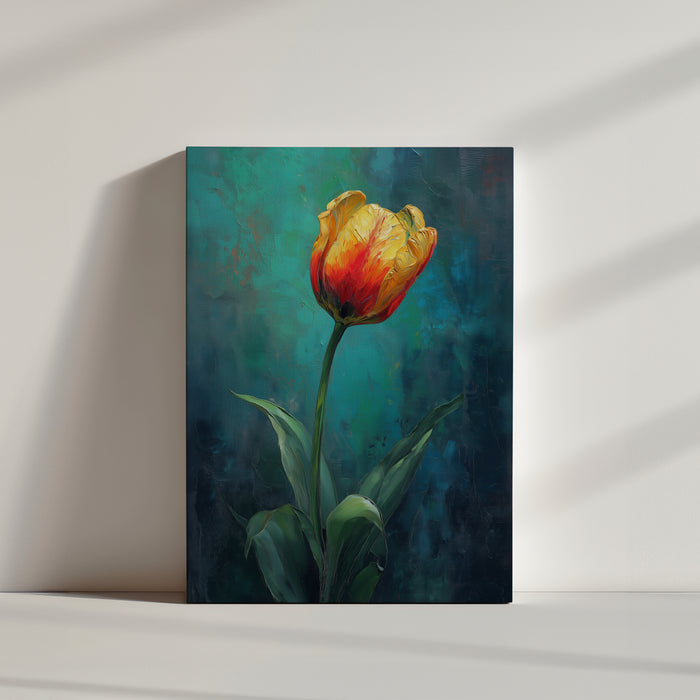 Tableau artistique d'une tulipe jaune et rouge sur fond vert, style impressionniste vibrant