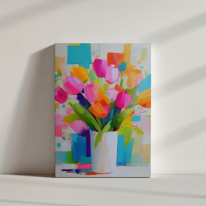 Vibrant tulip bouquet in a colorful modern abstract style, fresh spring vibe