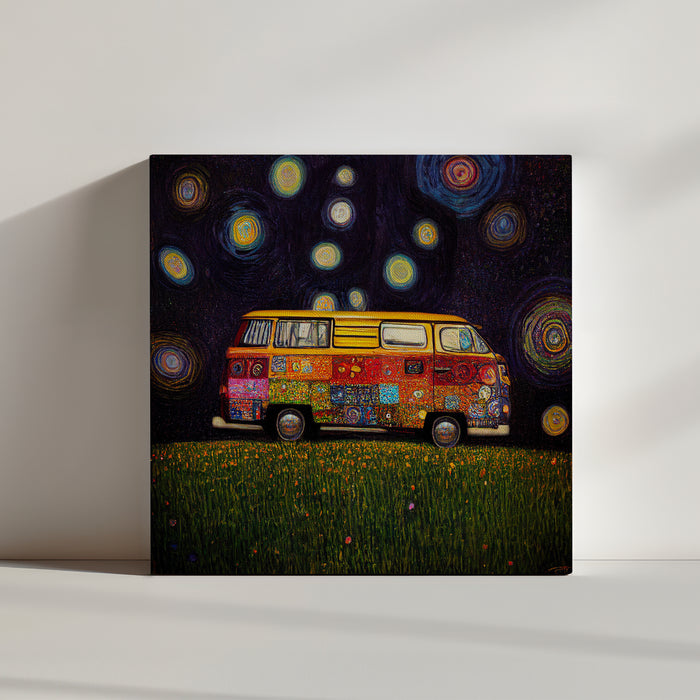 Colorful hippie van painting in a grassy field – vibrant colors and a joyful vibe wall art