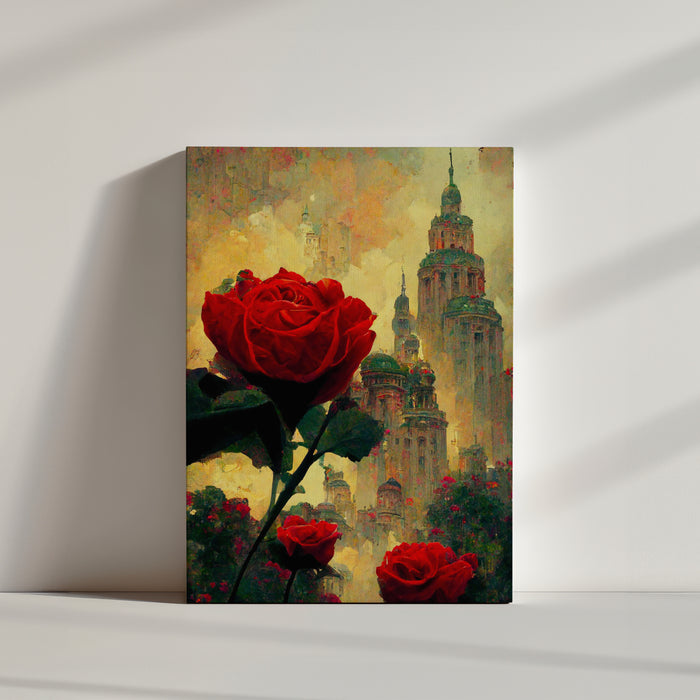 Whimsical city surrounded by red roses, rounded high-rises with rooftop gardens, soft magical mood beneath a yellow sky, bright red rose in front