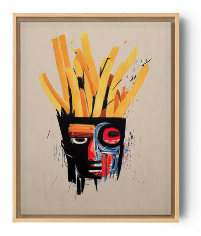 Inspirado en Basquiat, cuadro decorativo que representa el rostro de un afroamericano con cabello de patatas fritas. Minimalistas y coloridos, sus colores son vivos y profundos. Los colores principales son el amarillo, el rojo, el negro y el beige.