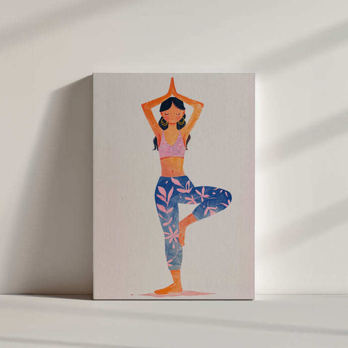 Bright pastel illustration of a balancing yoga pose