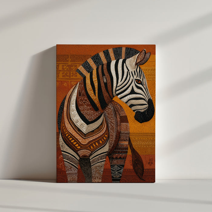 Stylized zebra with African tribal patterns in orange and brown, artwork leaning on floor in minimal interior