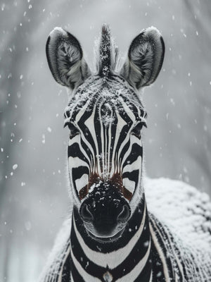 Close-up of a zebra's face, captured with snowflakes scattered on its black and white coat.
