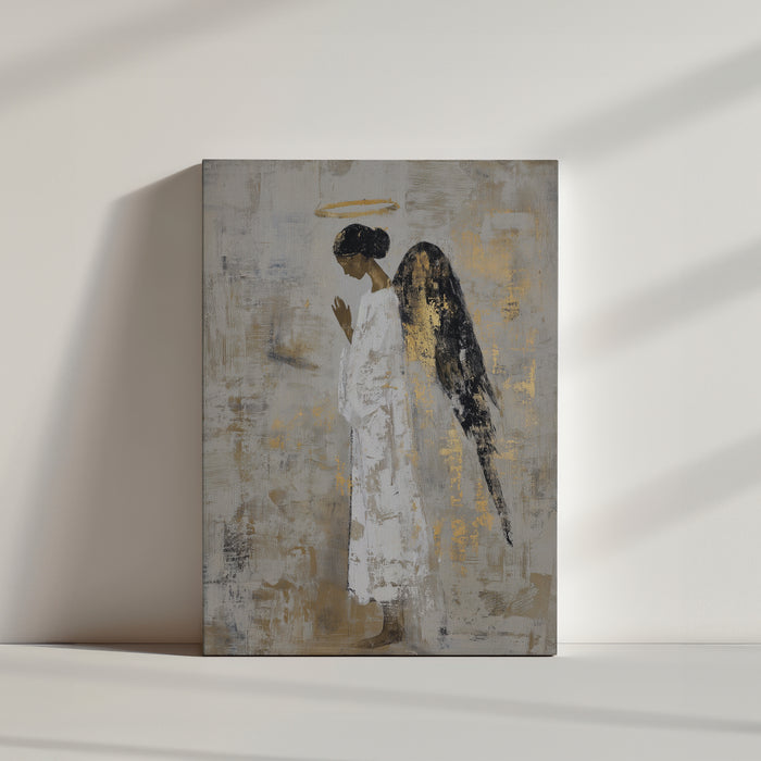 Tableau zen ange en prière ailes noires et or sur fond beige, art mural spirituel pour décoration intérieure