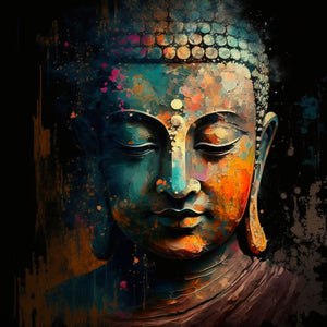 A captivating canvas depicting the face of Buddha in a colorful artistic style. Shades of blue, orange, and gold blend in a textured effect evoking serenity and meditation. Perfect for a zen and calming decor.