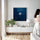 Deep blue Japanese calligraphy art with gold lotus, minimalist living room wall decor