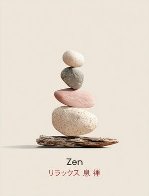 Zen wall art depicting stacked natural stones on a beige background with Japanese calligraphy relax, breathe, and zen; minimalistic modern decor style