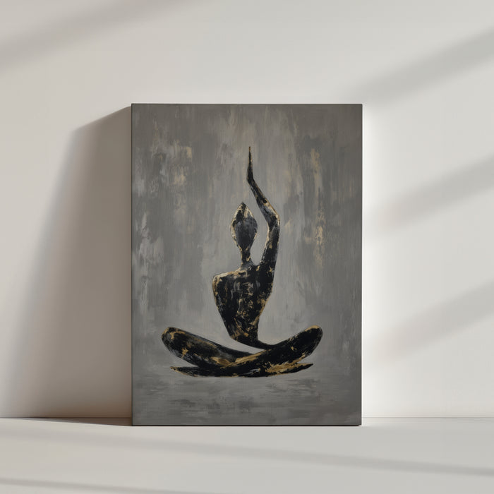 Tableau zen méditation yoga silhouette noire dorée sur toile présentation produit fond neutre
