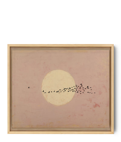 Zen moon and birds wall art, golden moon on calming blush pink backdrop, minimalist style