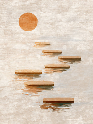 Zen art featuring floating stones under a red sun, with a minimalist tranquil style