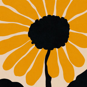 Abstract floral art with bright yellow petals on a beige background, vibrant modern style