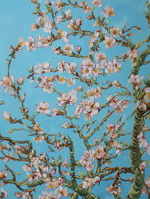 Floral art with cherry blossom branches on pastel blue background, impressionist style