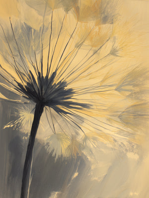 Contemporary floral artwork depicting an ethereal dandelion in soft pastel tones, creating a calming style