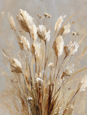Textured floral canvas depicting pampas grass in beige and ochre tones, evoking a natural and pure style