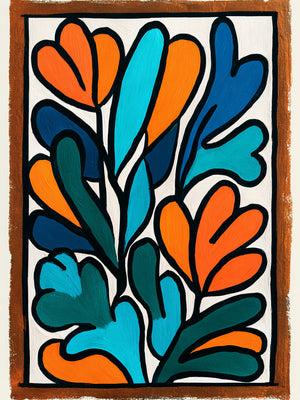 Tableau mural abstrait aux motifs organiques colorés, tons orange et bleu, style moderne