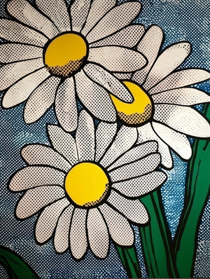Close-up pop art daisies with dot effect and vibrant colors